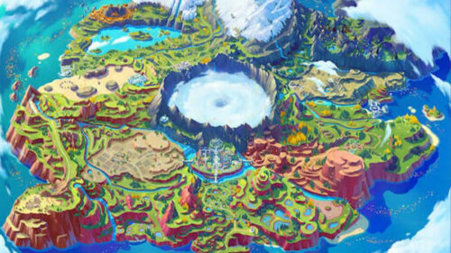 an island seen from above with different biomes like mountains, lakes, and forests. In the center is a large white vortex of clouds.