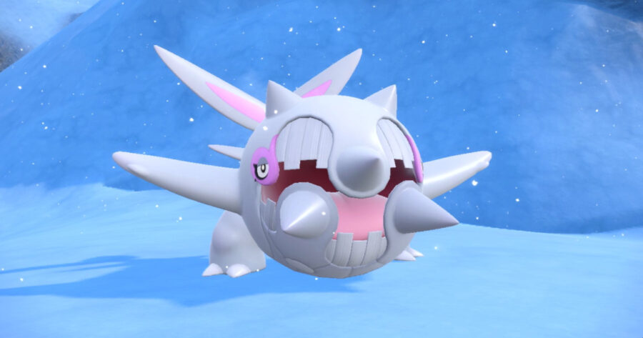 The Pokémon Cetitan. It is a round white Pokémon with five horns on its head.