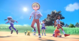 Four Pokémon trainers head in different directions. They each have a different Pokémon.