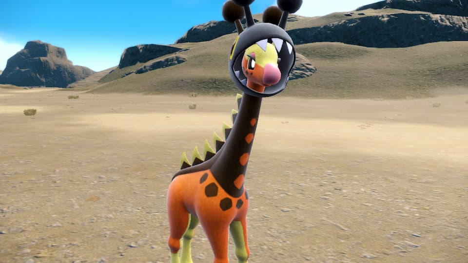 The Pokémon Farigiraf. It is a giraffe-like pokemon whose head peeks out from a larger mouth laid over the top.