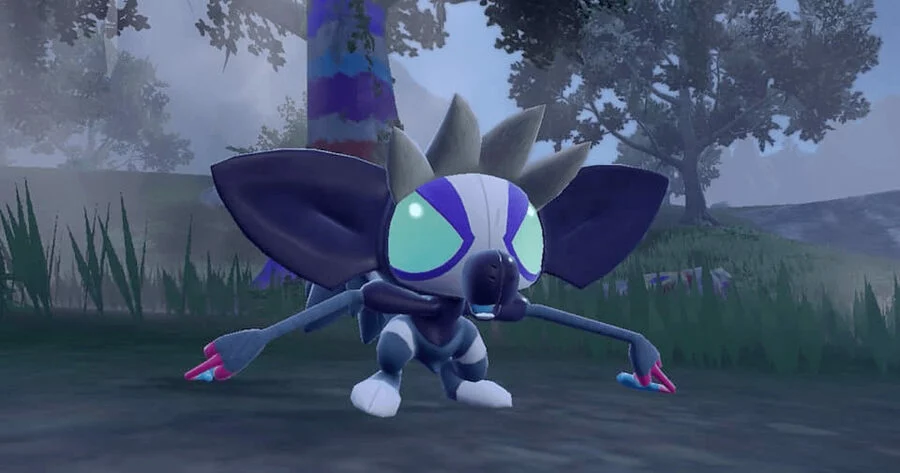 The Pokémon Grafaiai. It is a monkey-like Pokémon with large triangular eyes and ears and one long blue finger on each paw.