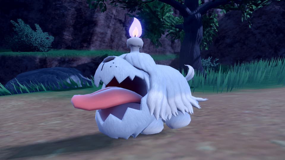 The Pokémon Greavard. It is a white, dog-like Pokémon with a large tongue, with a purple candle on top of its head. 