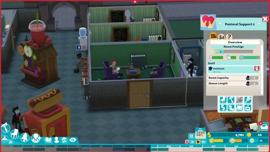A screenshot from Two Point Campus showing a student and a staff member sitting in a counseling room