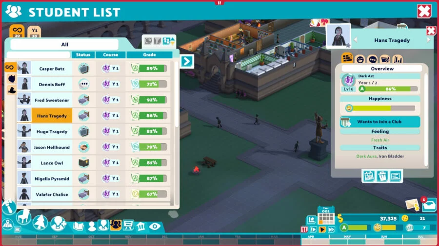 A screenshot from Two Point Campus showing a list of students and their grades as well as a profile of one specific student
