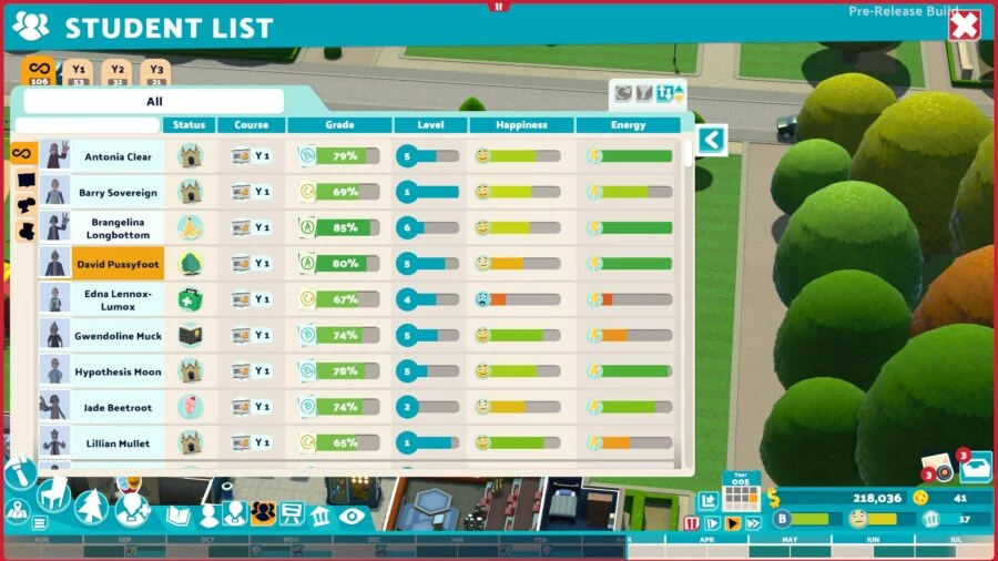 The staff list menu in Two Point Campus
