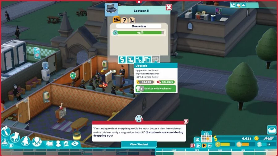 A screenshot from Two Point Campus showing a selected Lectern and its upgrade options