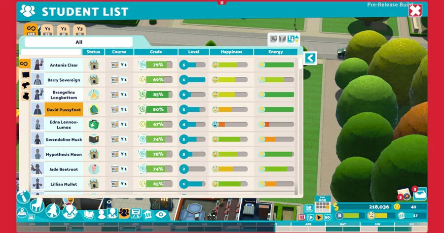 A menu showing different students alongside their grades, happiness, and level.