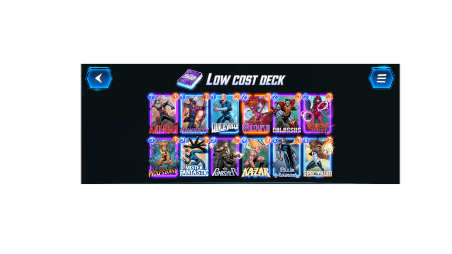 All the cards for a Marvel Snap low cost deck, including Kazar, Spectrum, and Blue Marvel.