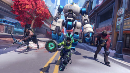 Lucio, Hanzo, and Cassidy alongside Overwatch 2's Push robot.