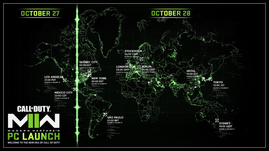 The Call of Duty: Modern Warfare 2 launch map, showing where the game releases in various regions.