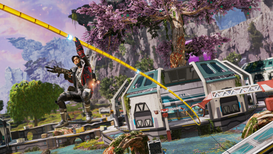 Crypto using one of the many ziplines on Apex Legends' new Broken Moon map.