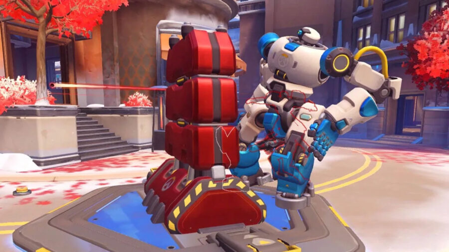 Overwatch 2's push robot relaxing at a checkpoint.