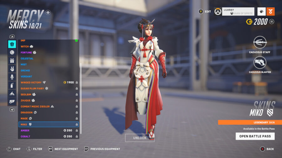 Mercy Battle Pass skin, red & white Miko.