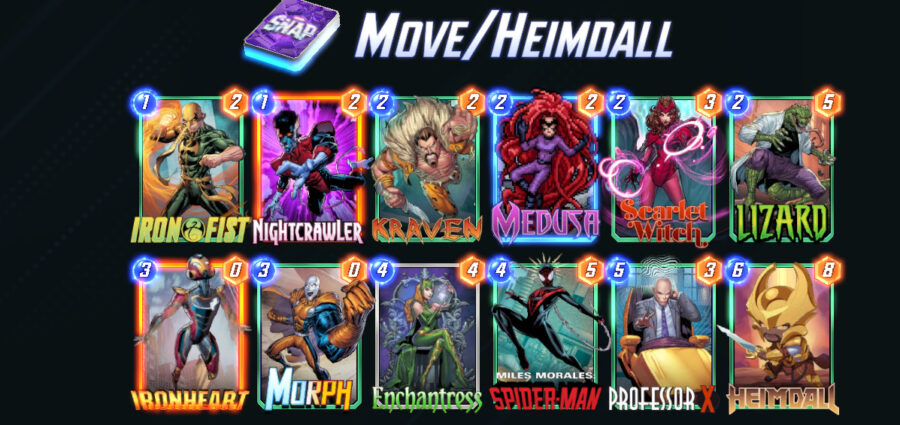 An image of cards in a Marvel Snap Move Deck. Features: Heimdall, Professor X, Miles Morales, Kraven, and more.