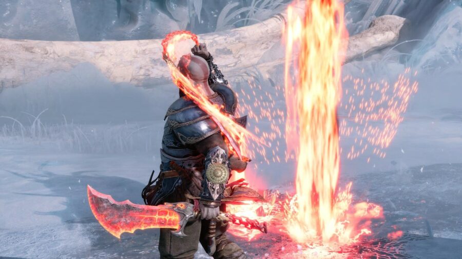 Kratos using the Blades of Chaos in God of War Ragnarok.