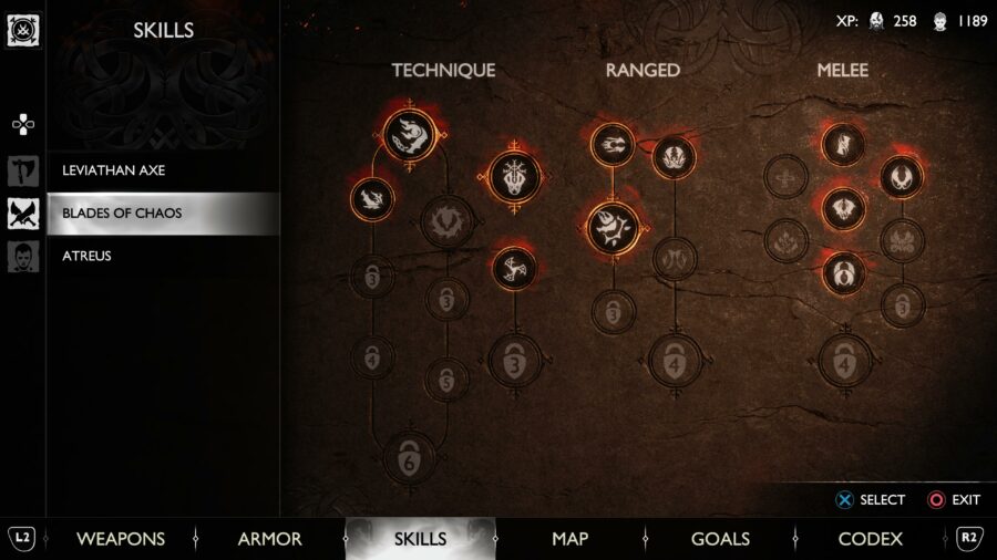 The skill tree showing all possible skills for the Blades of Chaos in God of War: Ragnarok.