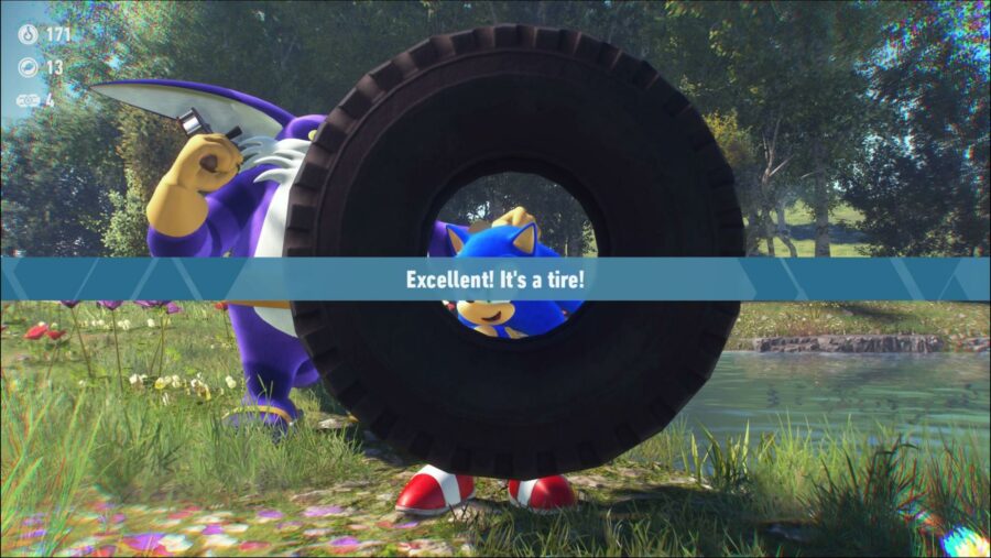 Sonic holding a tire after the Sonic Frontiers fishing minigame.