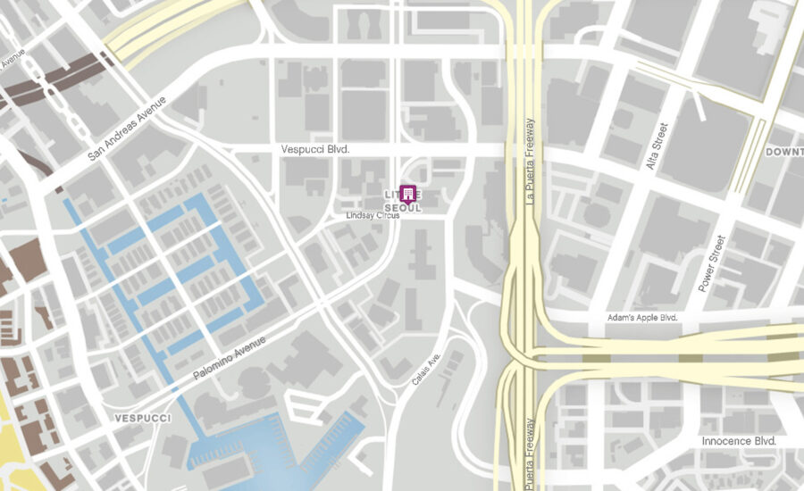 The location of Weazel Plaza in GTA Online.