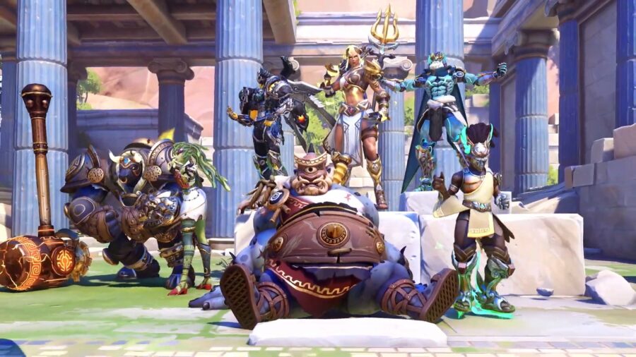 Overwatch 2's Season 2 battle pass skins, all themed around Battle for Olympus.