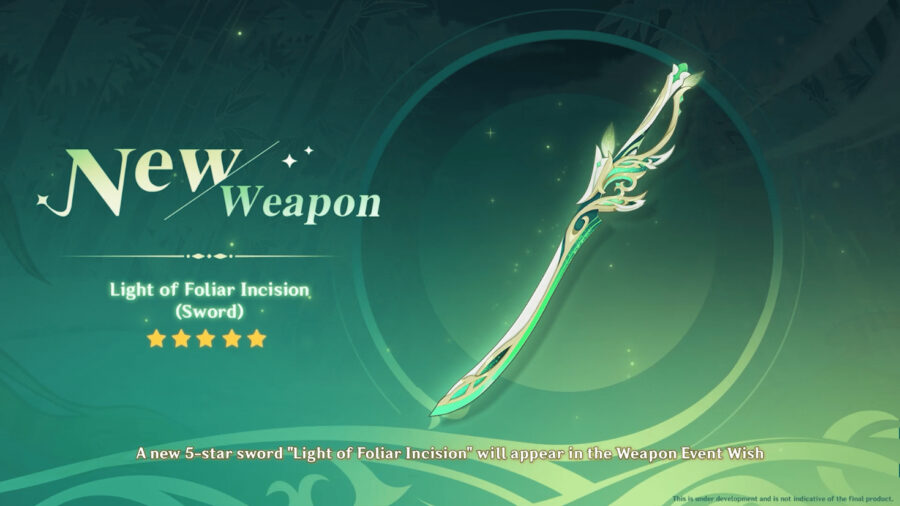 Light of Foliar Incision, a new weapon coming in Genshin Impact's 3.4 Update.