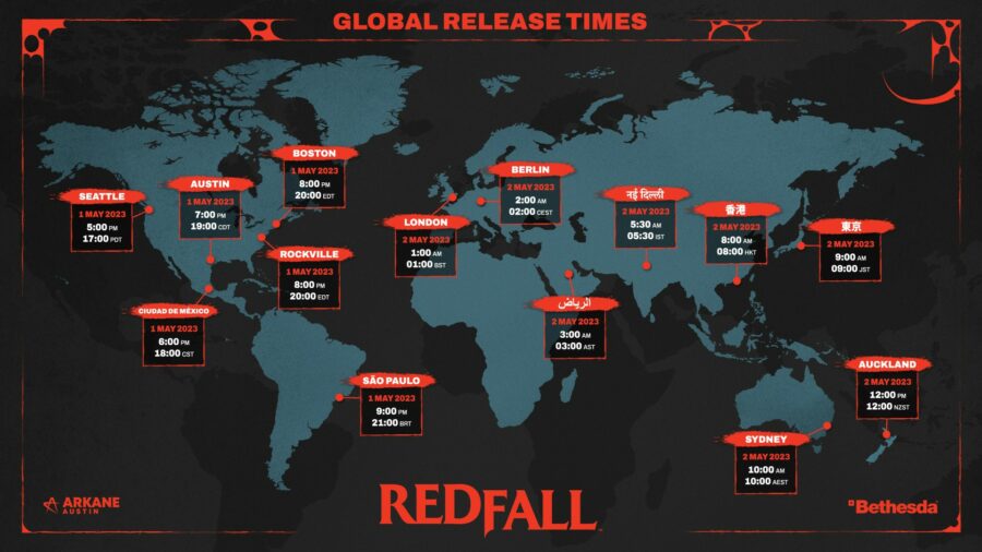 A map showing the Redfall release time in various countries & territories.