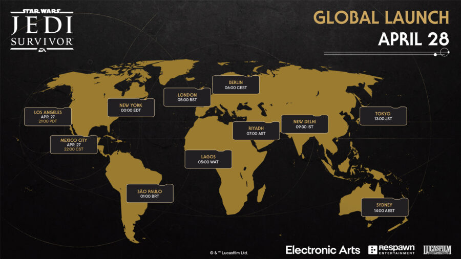 The Star Wars Jedi: Survivor release time map for worldwide time zones.