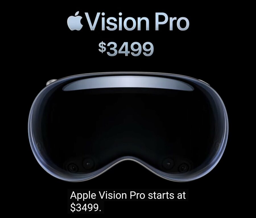 An image of the Apple Vision Pro, with text stating "Apple Vision Pro starts at $3499."