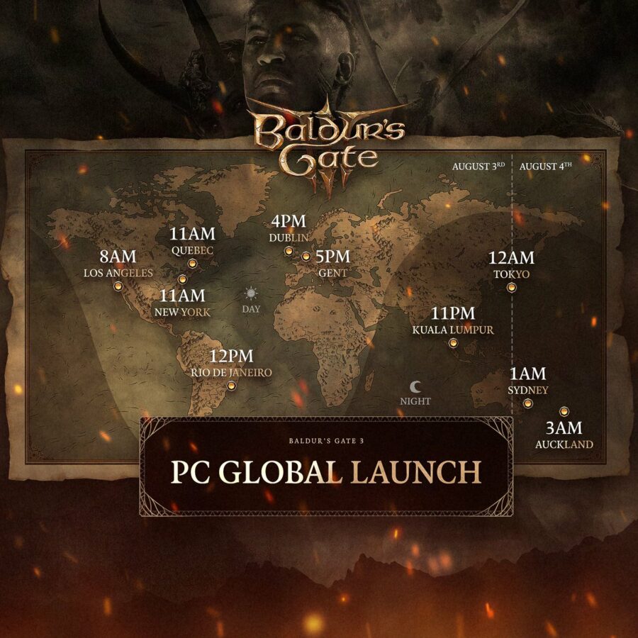 The Baldur's Gate 3 release time map, with localized info for major time zones.