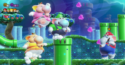 Super Mario Bros. Wonder preload infromation, screenshot of Elephant Mario, Luigi, Peach, and Daisy