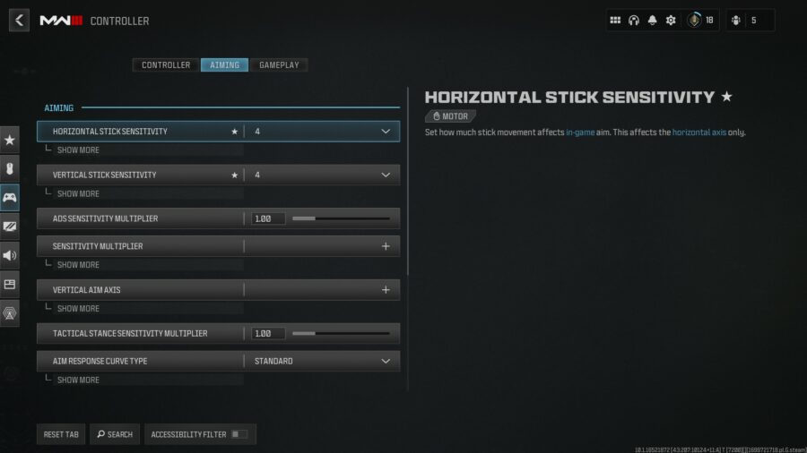 Screenshot of the MW3 Controller Settings tab