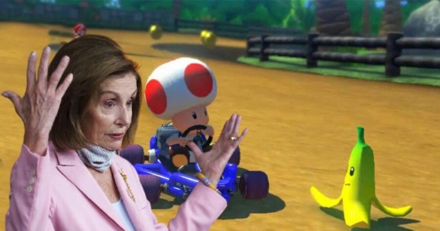 Nancy Pelosi Deliberately Steers Into Banana Peel After Accidentally Taking Lead in Mario Kart