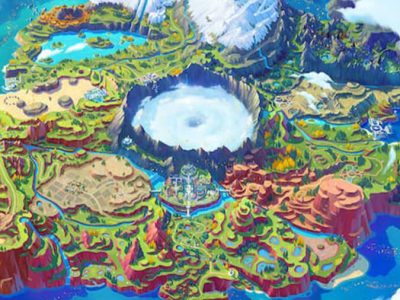 an island seen from above with different biomes like mountains, lakes, and forests. In the center is a large white vortex of clouds.
