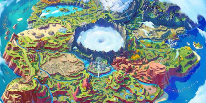 an island seen from above with different biomes like mountains, lakes, and forests. In the center is a large white vortex of clouds.