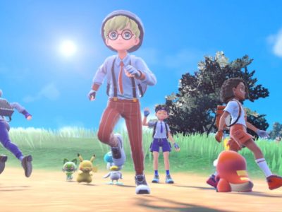 Four Pokémon trainers head in different directions. They each have a different Pokémon.