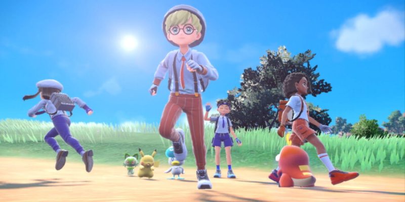 Four Pokémon trainers head in different directions. They each have a different Pokémon.