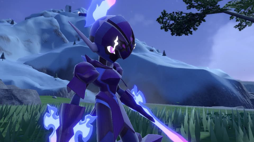 The Pokémon Ceruledge. It is a purple humanoid figure with pointed arms and blue wisps emanating from its arms, eyes, and head.