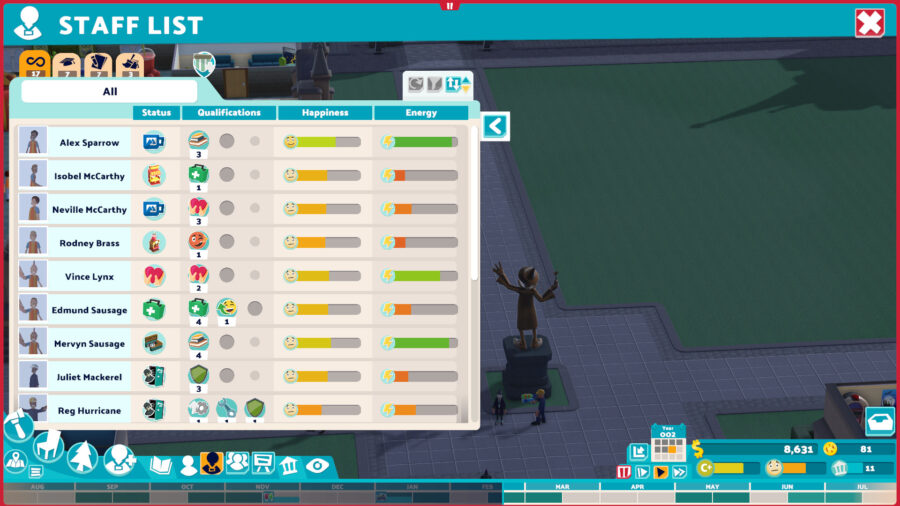 A screenshot from Two Point Campus showing a list of all staff with their qualifications and happiness