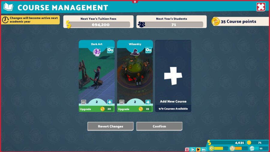 A screenshot from Two Point Campus showing active courses, with Dark Art and Wizardry selected.