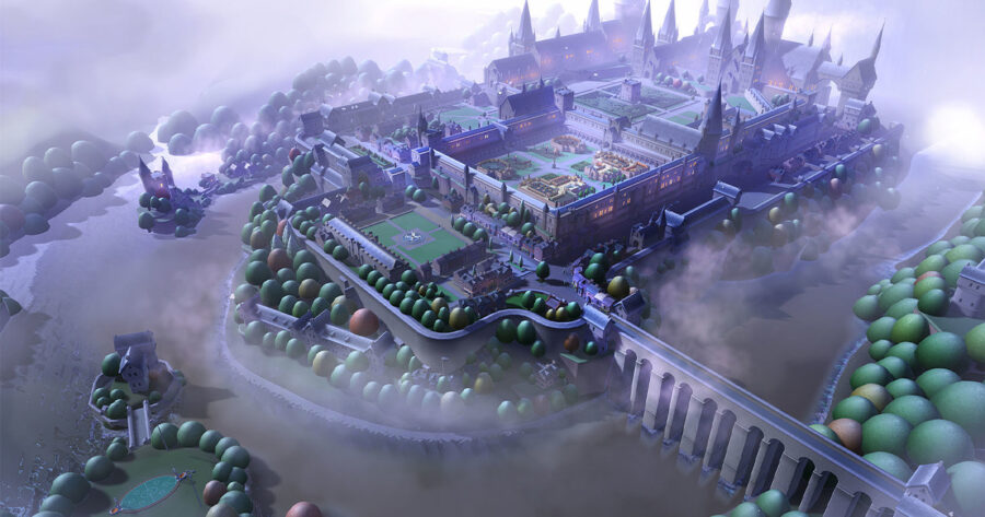 A large castle with a courtyard filled with different class buildings