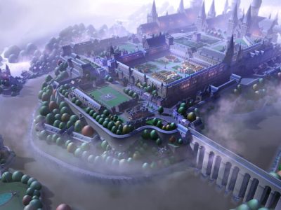 A large castle with a courtyard filled with different class buildings