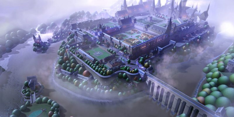 A large castle with a courtyard filled with different class buildings