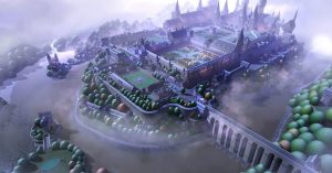 A large castle with a courtyard filled with different class buildings