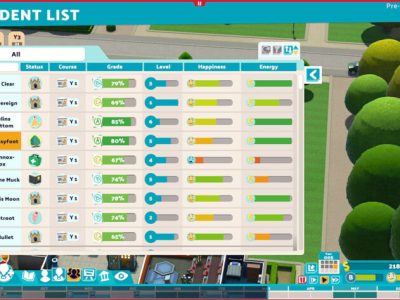 A menu showing different students alongside their grades, happiness, and level.