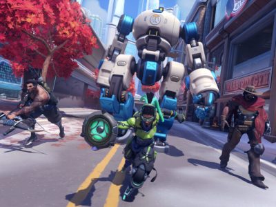 Lucio, Hanzo, and Cassidy alongside Overwatch 2's Push robot.