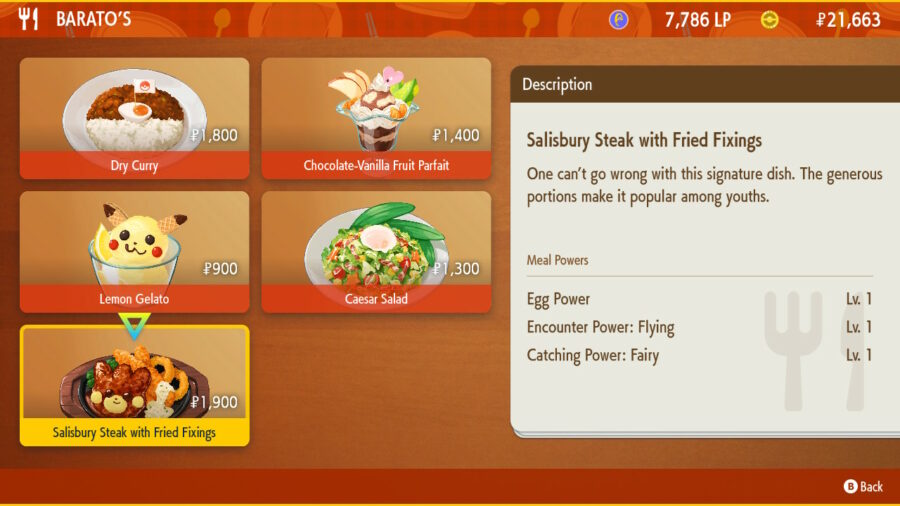 The restaurant meals at Barato's, one of Pokemon Scarlet & Violet's restaurants.