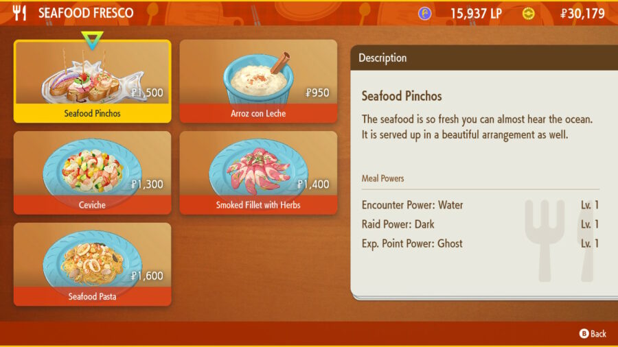 The restaurant meals at Seafood Fresco, one of Pokemon Scarlet & Violet's restaurants.