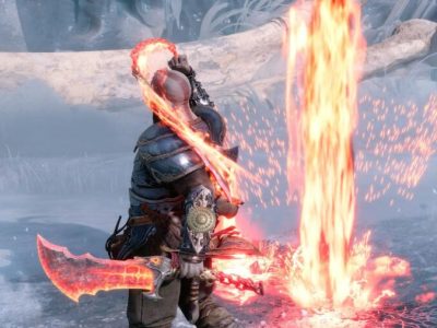 Kratos using the Blades of Chaos in God of War Ragnarok.