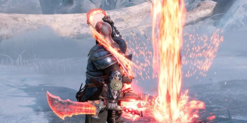 Kratos using the Blades of Chaos in God of War Ragnarok.