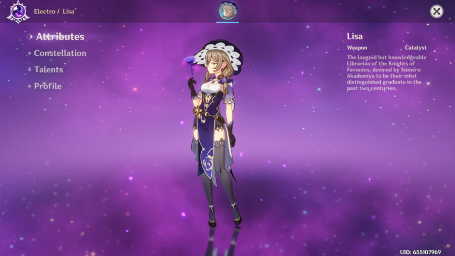 Lisa, a free character in Genshin Impact.