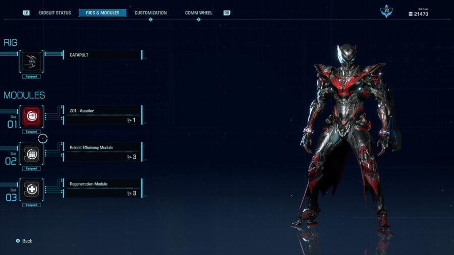 The menu showing equippable modules in Exoprimal.
